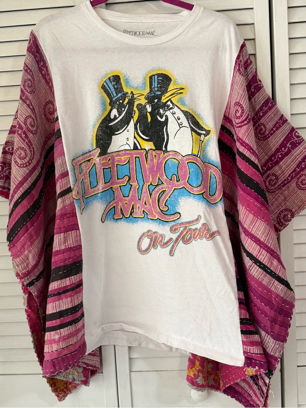 Upcycled Fleetwood Mac graphic tee with Pink Kantha sleeves fits Sz small to 3xl